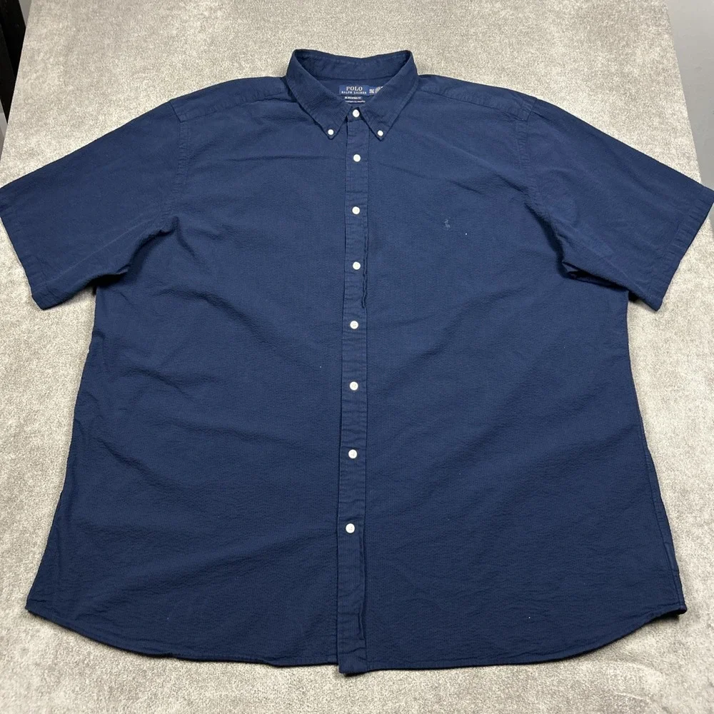 Polo Ralph Lauren Seersucker Shirt Mens 4XLT Untucked Fit Navy Button Up Pony